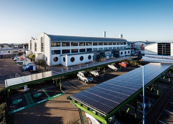 An aerial view of the solar array on the car ports at the powerhouse.