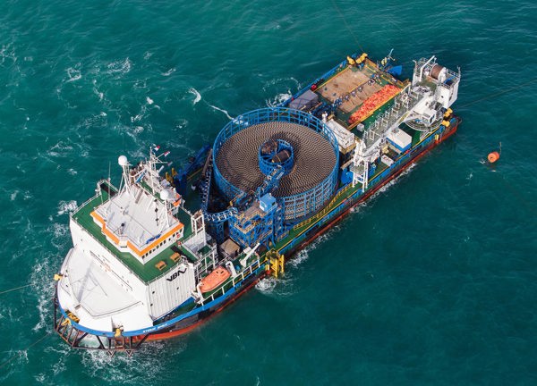MV Stemat at sea with the Normandie 1 cable on board.
