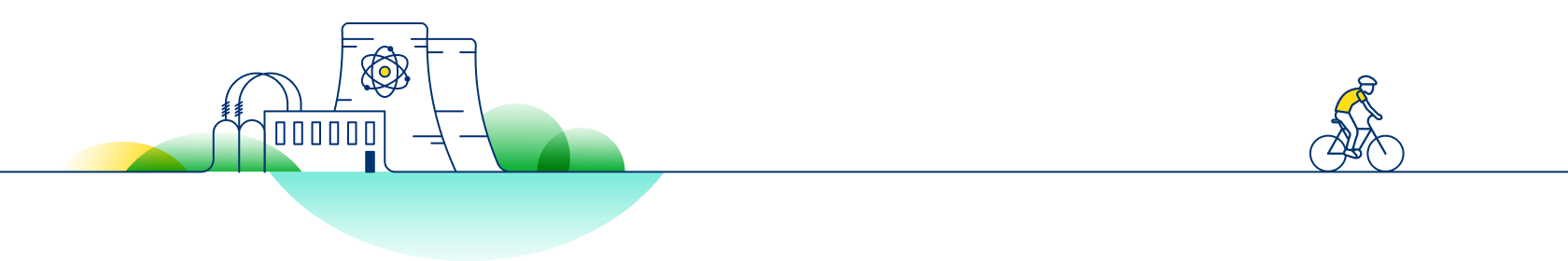 An abstract illustration which represents a nuclear powerstation, water and a cyclist.